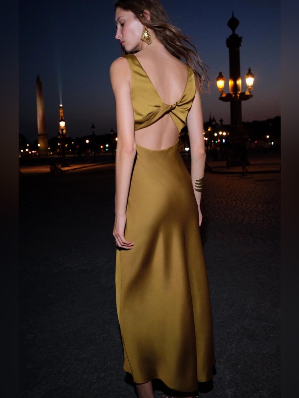 Zara Olive Satin V-Neck Maxi Dress - Picture 7 of 10